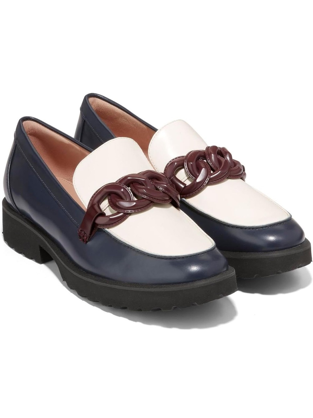 NWOT Cole Haan Navy, White & Burgundy Chain-Trim Loafers